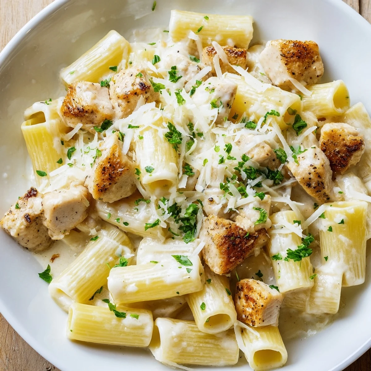 Golden-brown cheese blankets a hearty Chicken Alfredo Bake, hinting at a family-friendly Italian-American dinner.