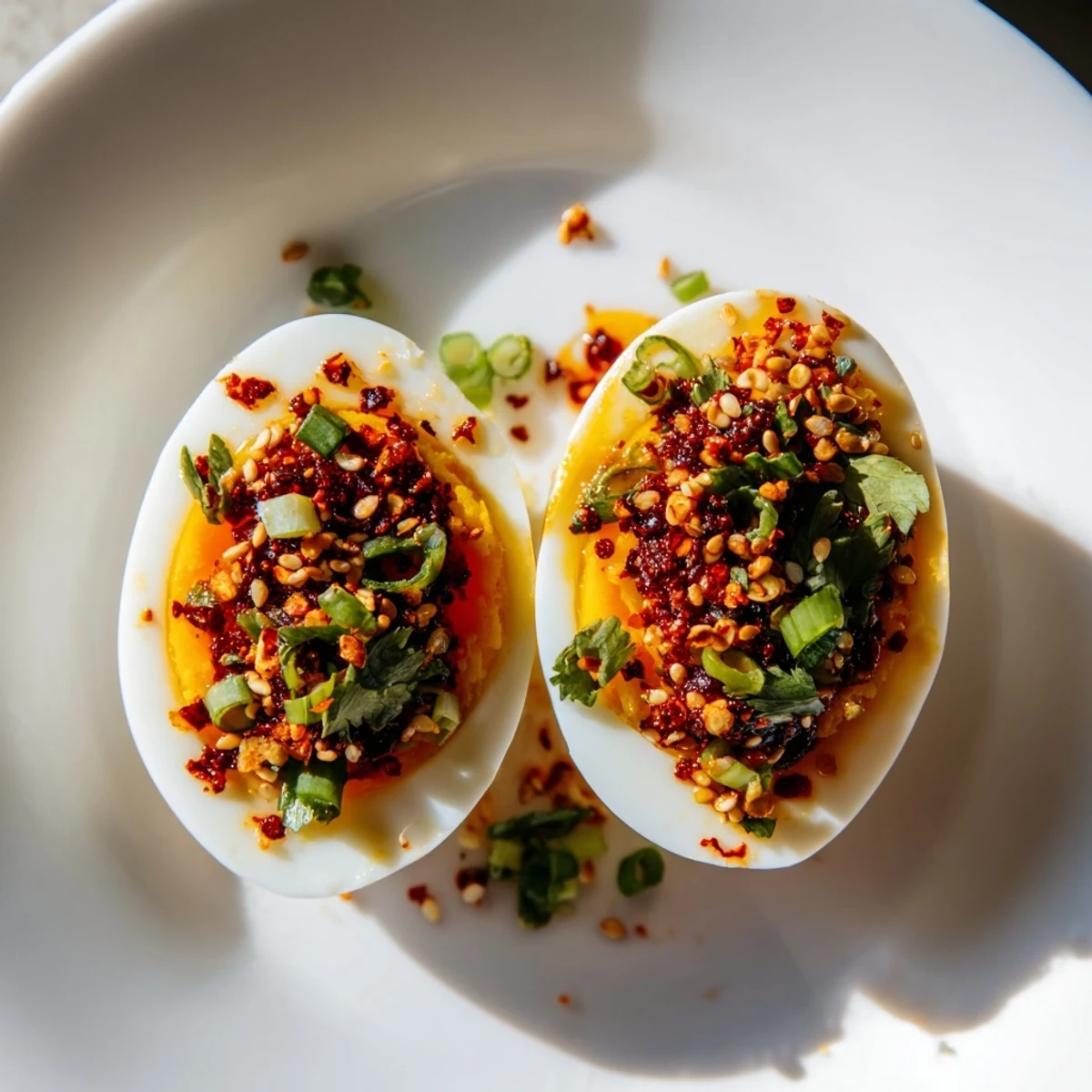 Delectable Chili Oil Eggs with sesame seeds, green onions, and a spicy chili oil sheen.