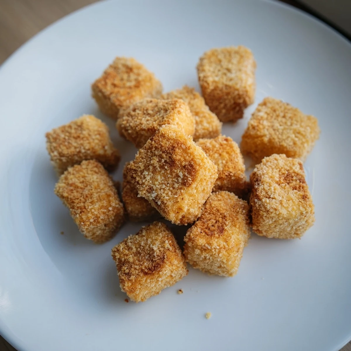 Golden brown, crispy tofu nuggets, ready to dip in creamy vegan ranch and enjoy.