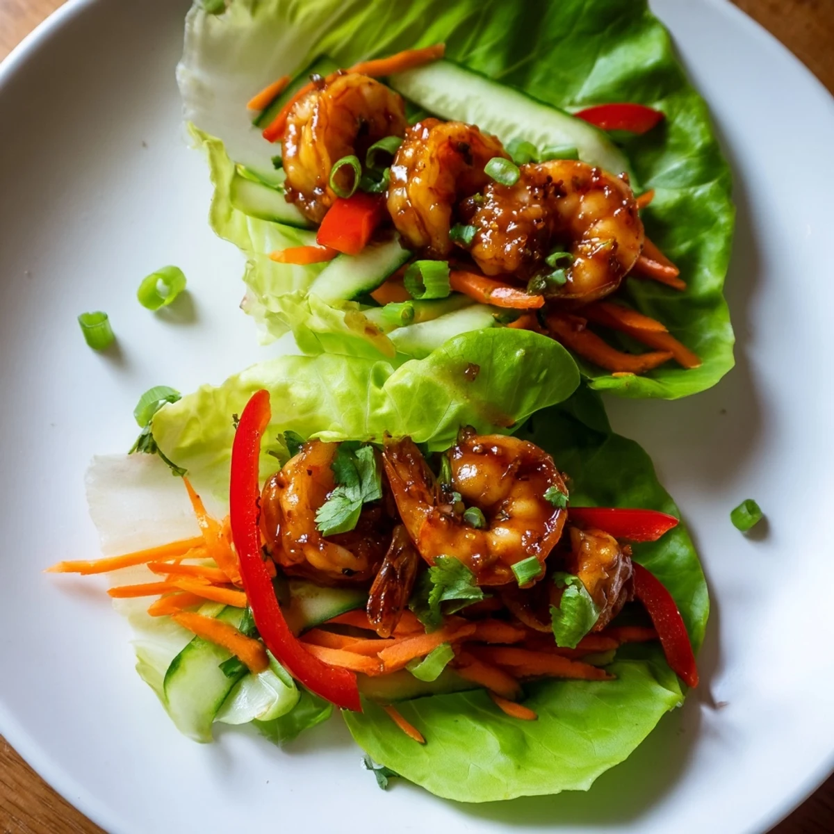 Vibrant photo of shrimp lettuce cups displaying colorful vegetables, juicy shrimp, and fresh cilantro.