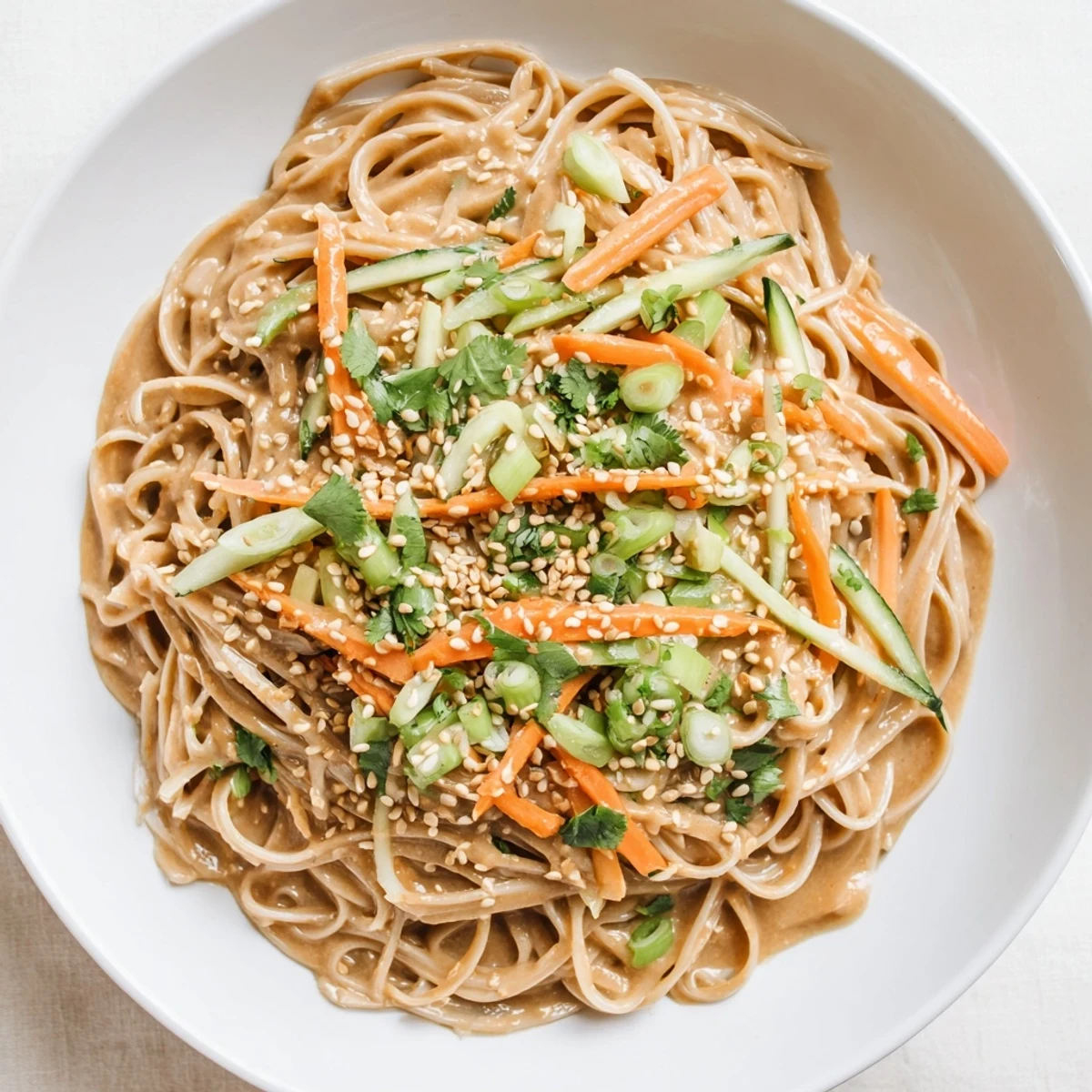 Cold sesame noodles, perfectly coated in a creamy sauce, are pictured with vibrant vegetable toppings.