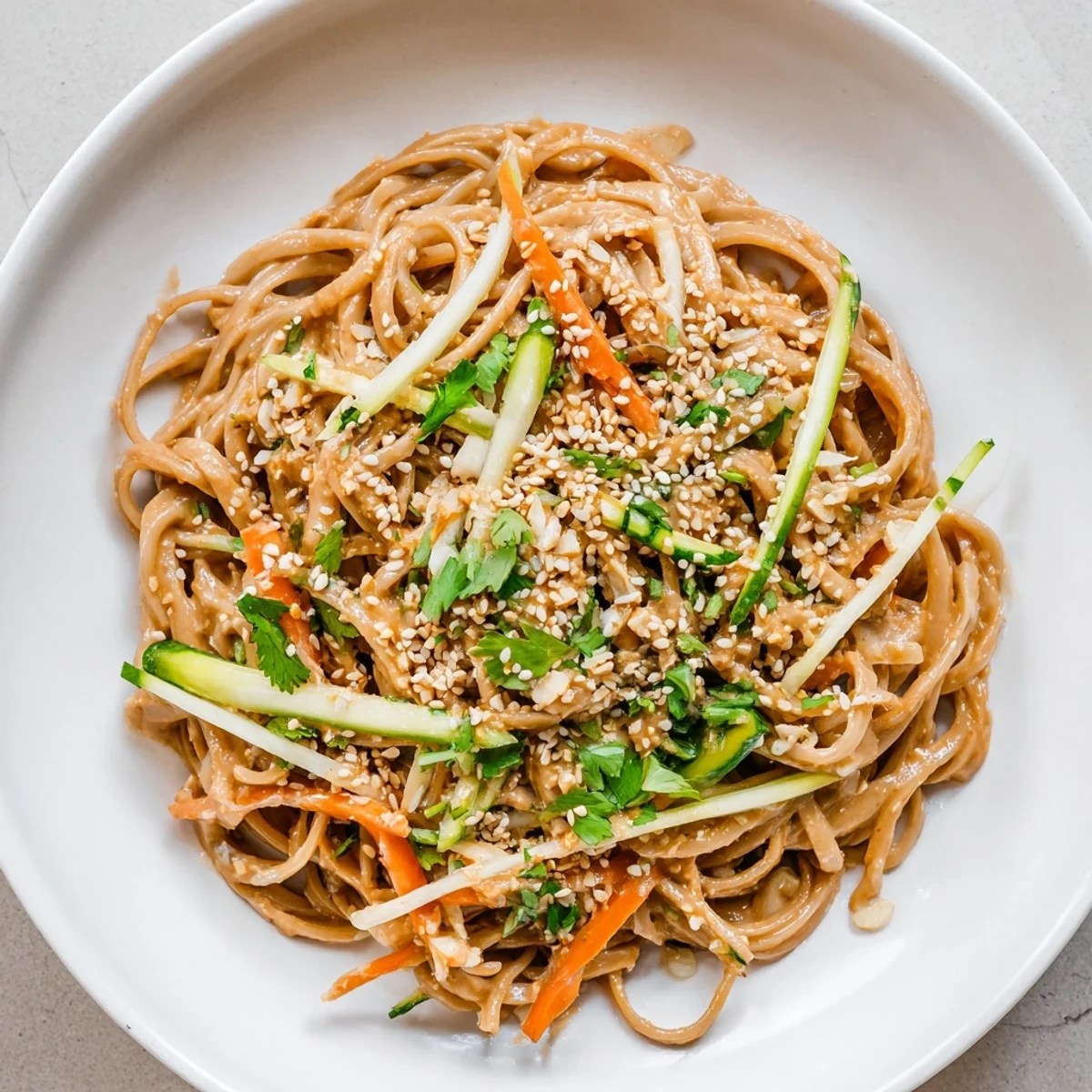 A bowl of refreshing cold sesame noodles, with crunchy carrots and cucumber, ready to serve.