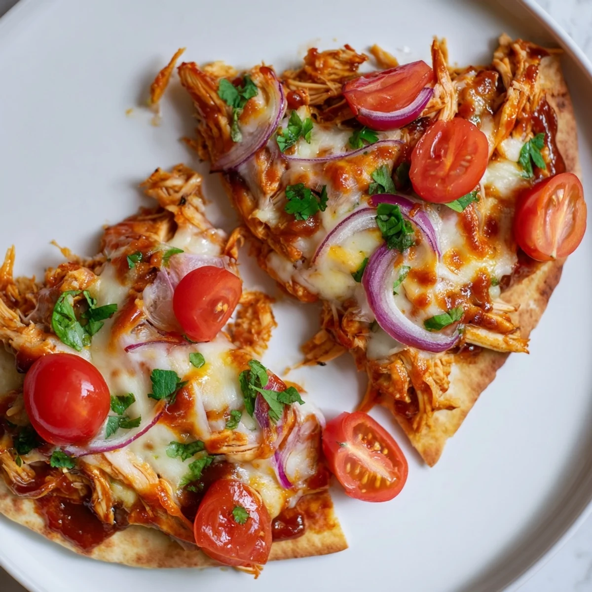 This delicious BBQ Chicken Flatbread is topped with vibrant red onion and fresh, green herbs.