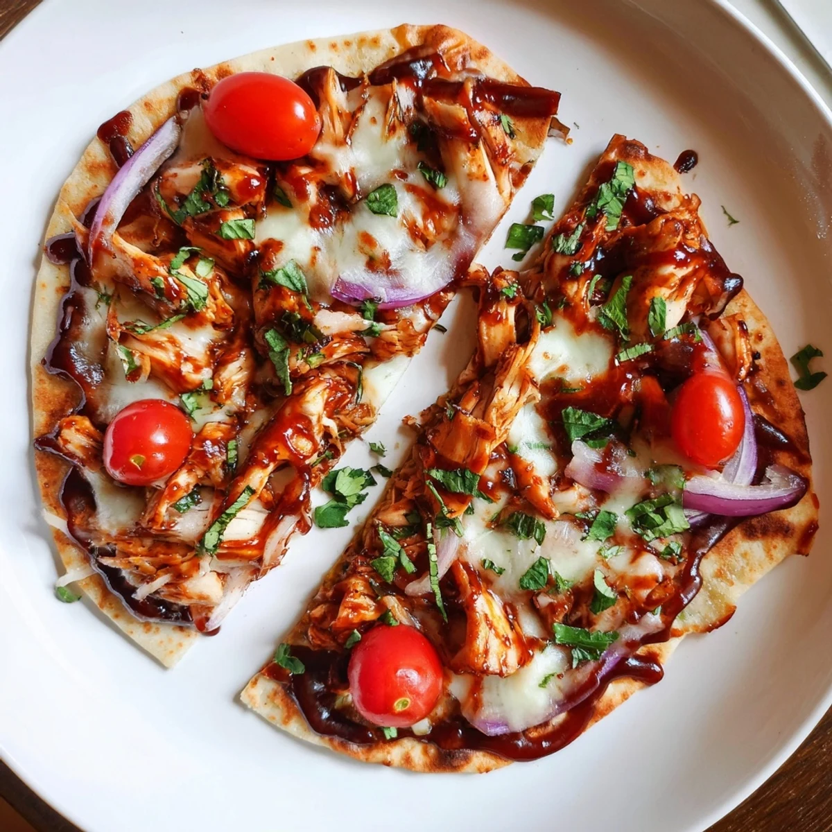 Golden-brown BBQ Chicken Flatbread with melted cheese, juicy chicken, and a drizzle of barbecue sauce.