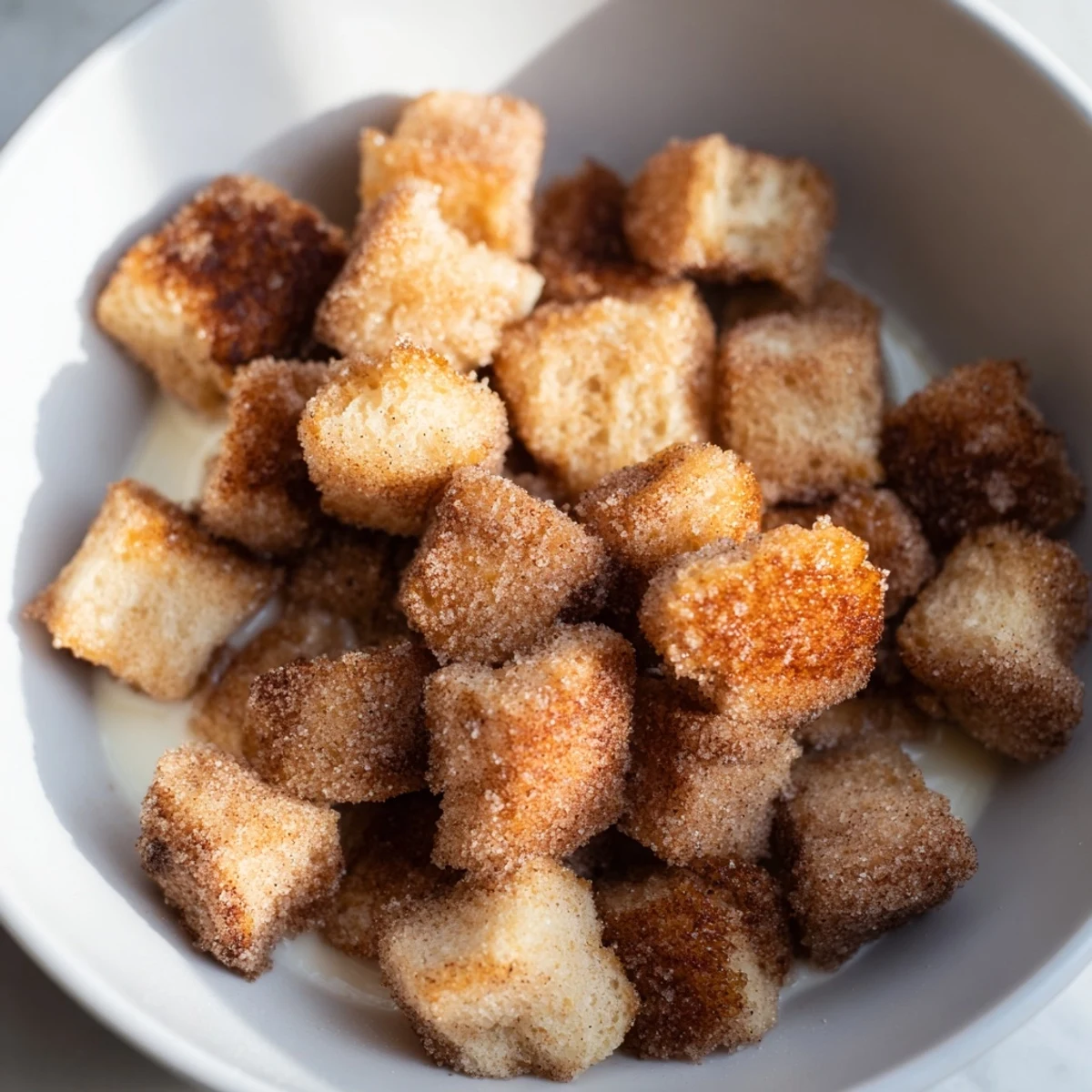 Golden brown and crispy French toast cereal, a fun and flavorful breakfast, ready to serve with milk.