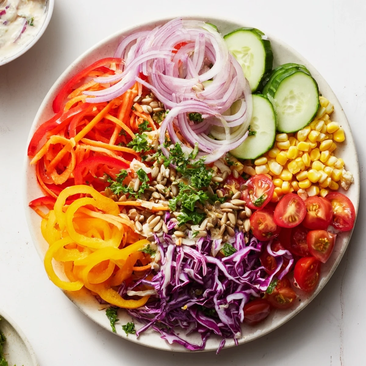 Rainbow salad bursting with fresh, colorful vegetables and a creamy tahini dressing.