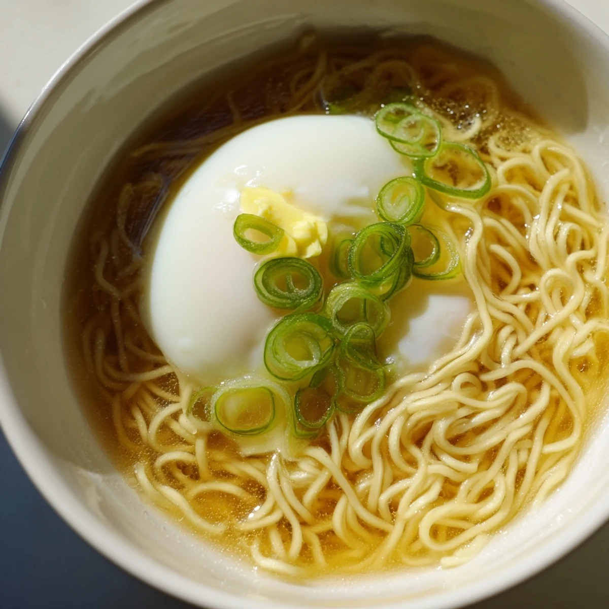 Silky soft egg topping a vibrant bowl of upgraded instant ramen with fresh scallions.