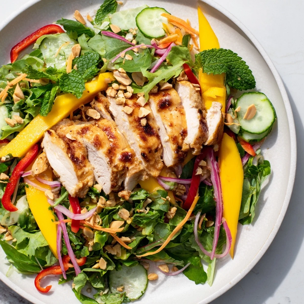 Juicy Thai Mango Chicken Salad with fresh cilantro and vibrant red bell pepper slices.