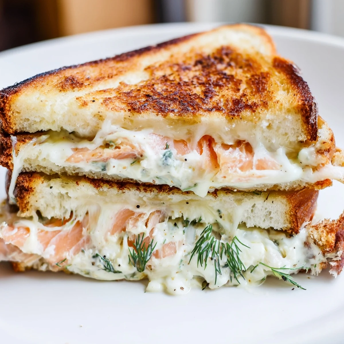 Golden, gooey Smoked Salmon Grilled Cheese sandwich, a pescatarian delight served warm.