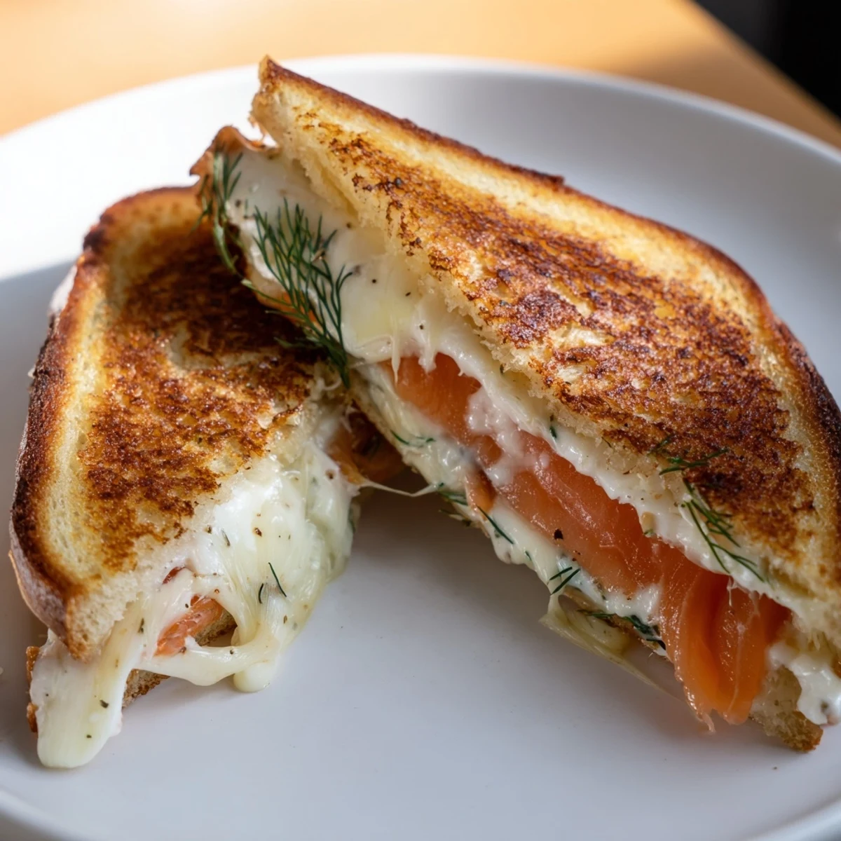 Crispy sourdough encases a creamy, savory Smoked Salmon Grilled Cheese with fresh dill.