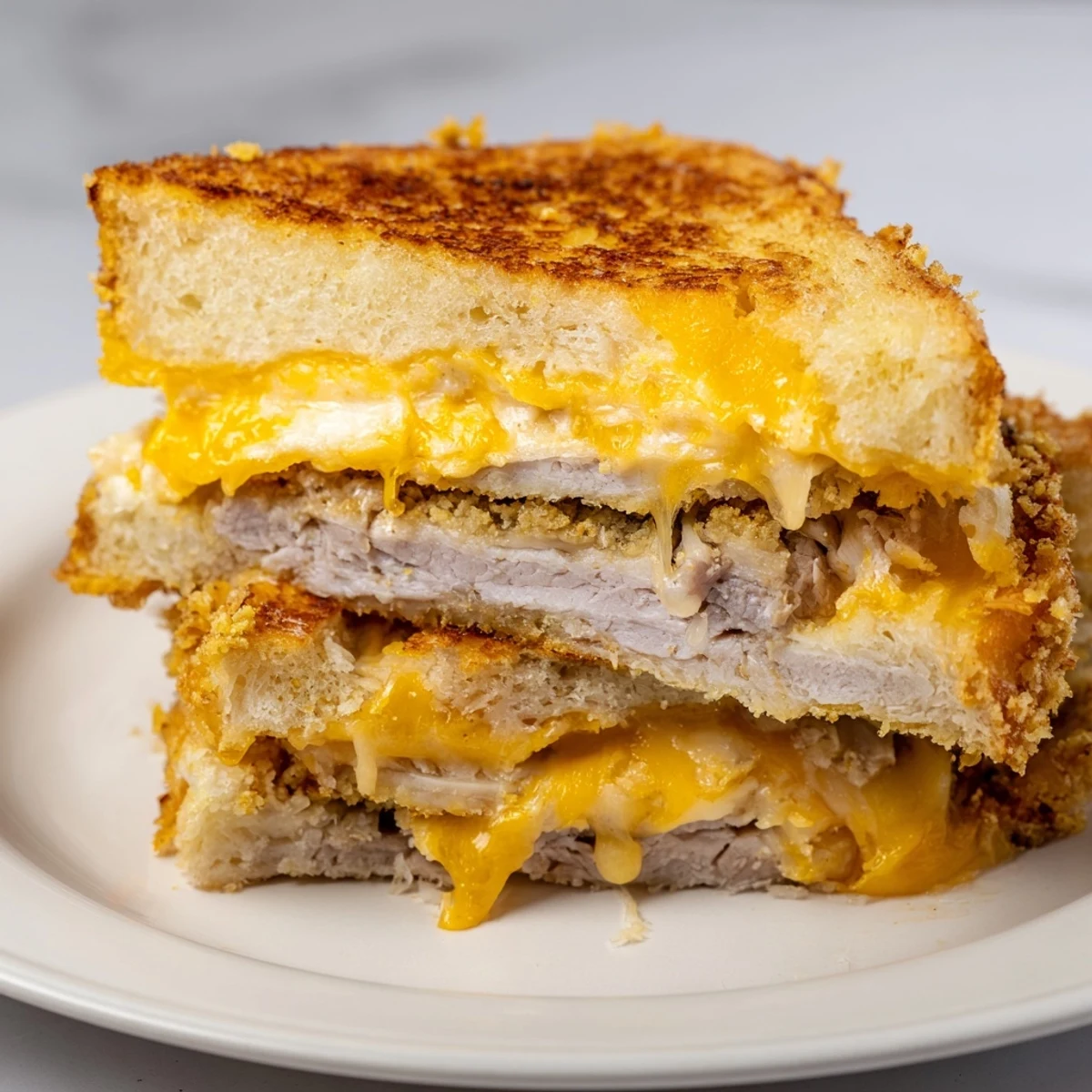 A close-up of a perfectly grilled Crispy Panko Pork Chop Grilled Cheese sandwich, warm and savory.
