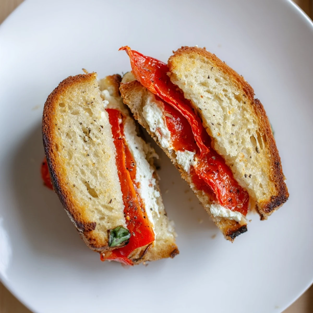 Golden, crispy Roasted Red Pepper Grilled Cheese, with melted cheese and sweet red peppers, ready to eat.