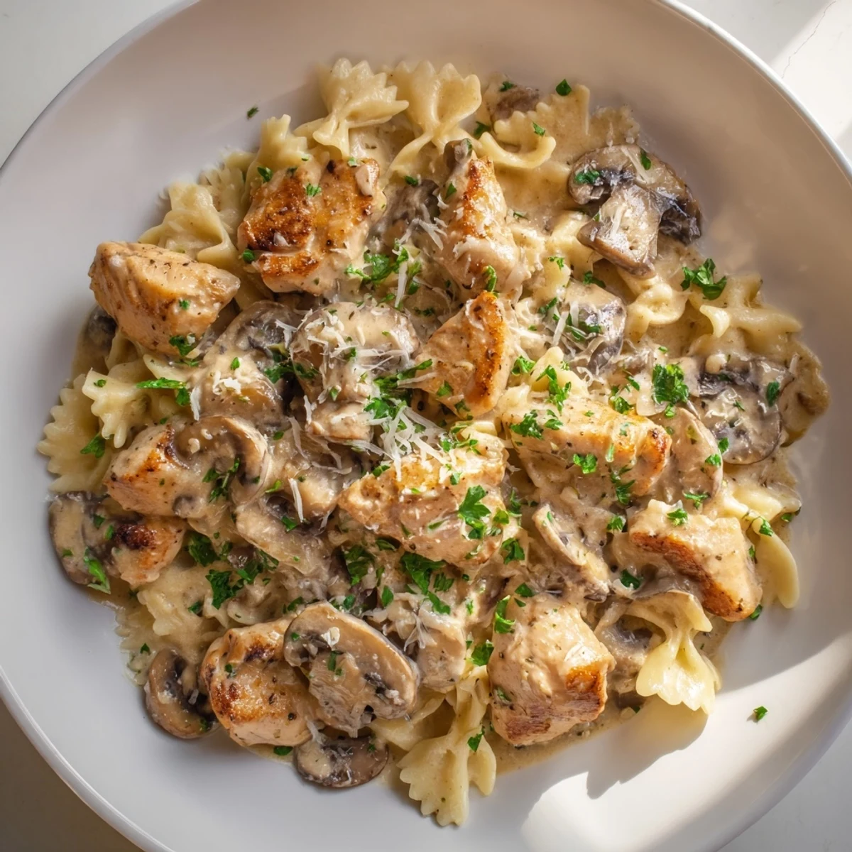 Creamy mushroom chicken pasta, golden chicken pieces mingling with rich sauce and perfectly cooked pasta.