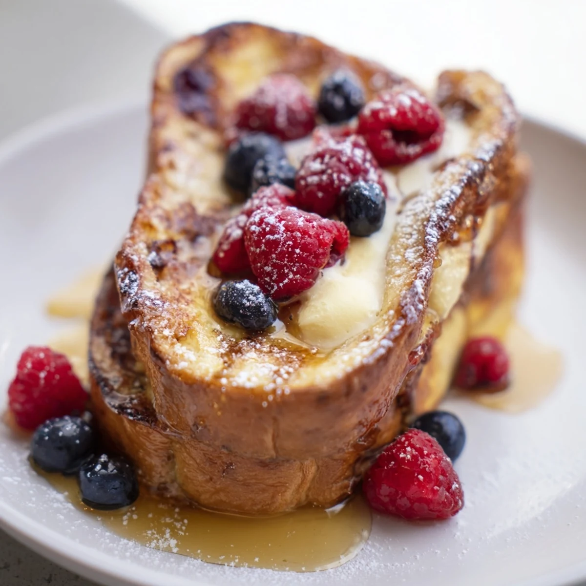 Golden brown Ice Cream French Toast, a sweet breakfast delight served with fresh berries and warm syrup.