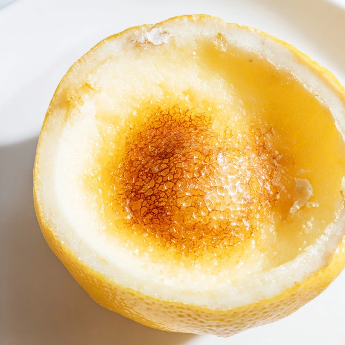 Fresh, creamy Lemon Brûlée Posset in scooped-out lemon halves with a caramelized sugar crust.