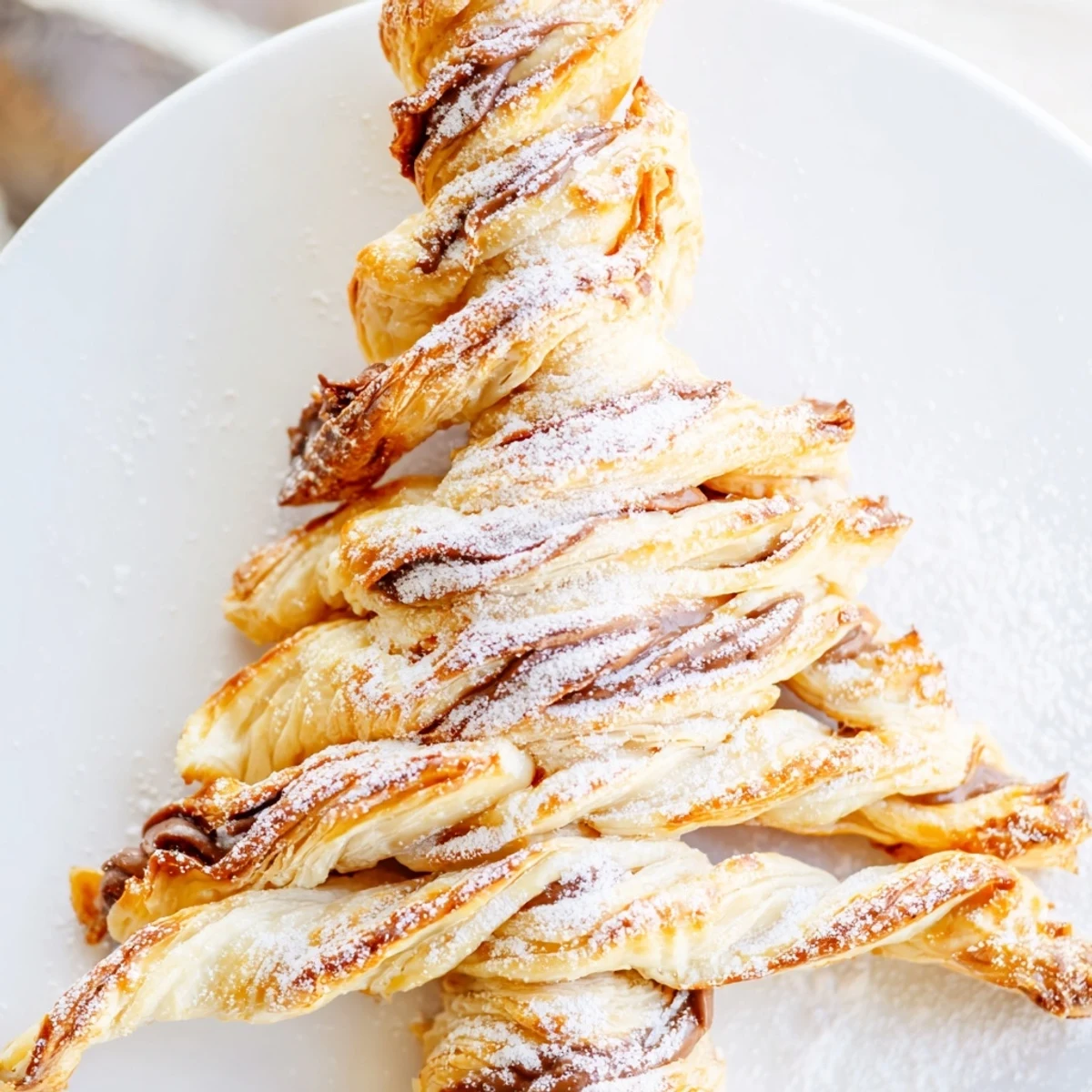 Festive Nutella Pastry Christmas Trees, dusted with powdered sugar, ready for seasonal enjoyment.