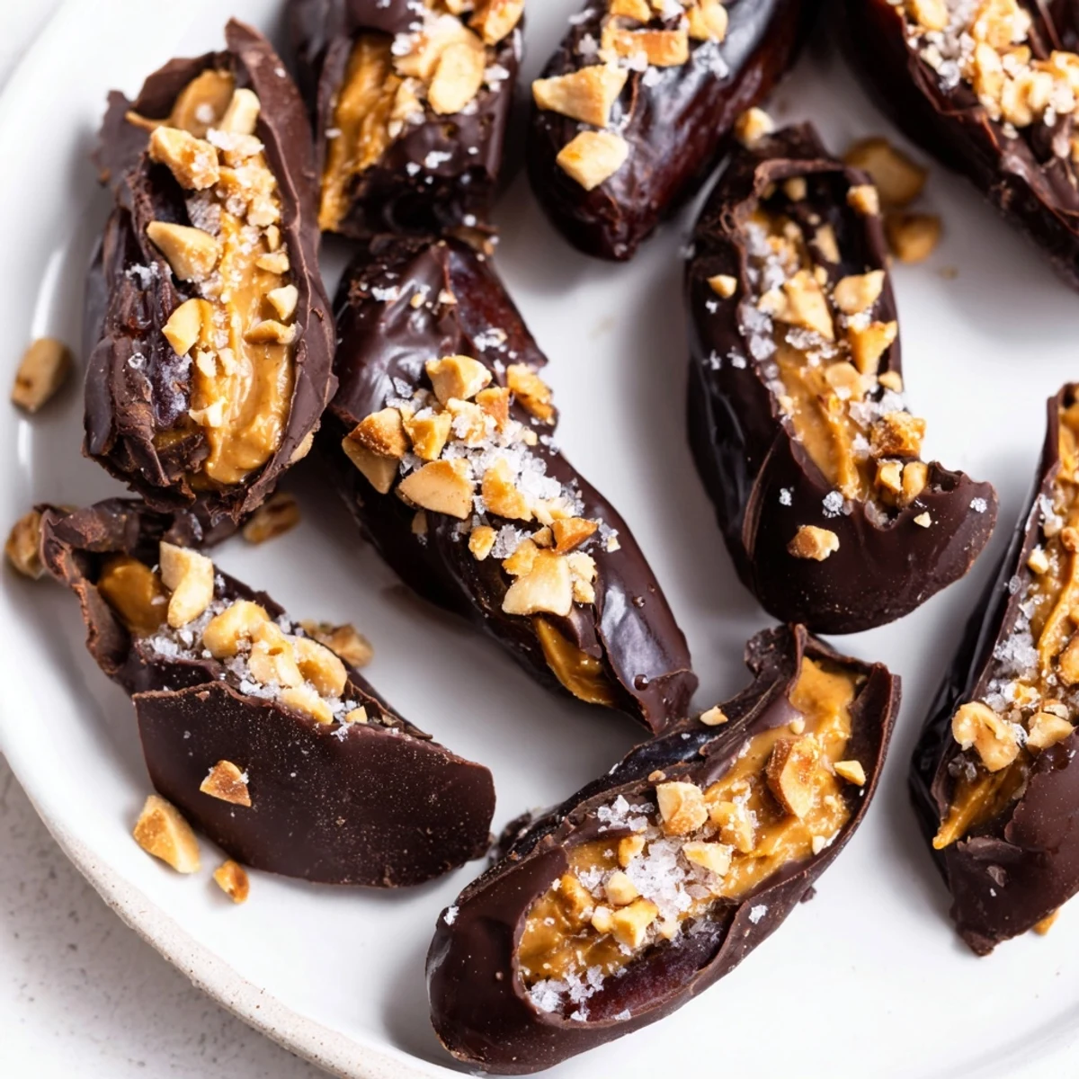 Sliced Date Bark Snickers-Style, showing layers of dates, peanut butter, and dark chocolate, ready to enjoy.