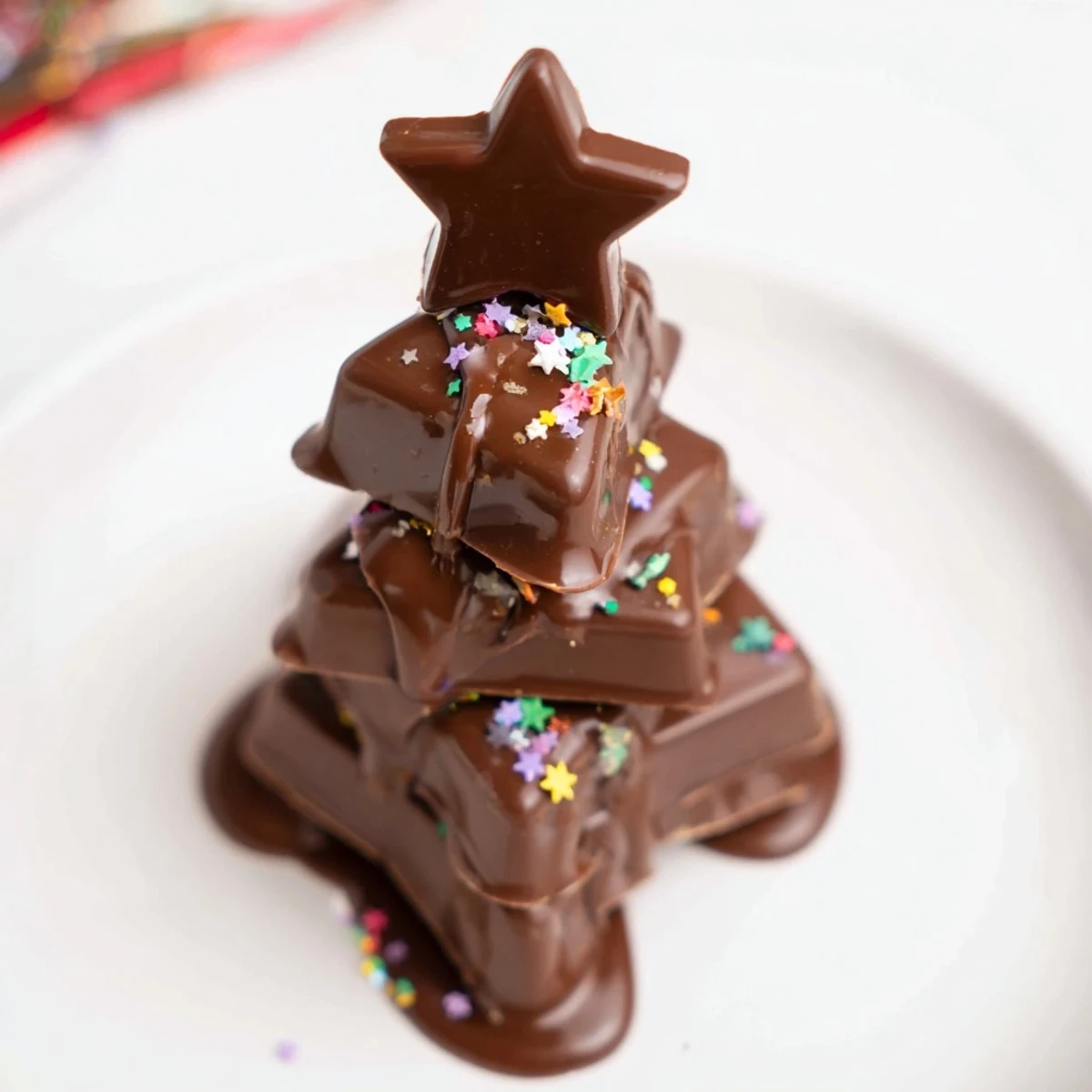 Festive Chocolate Kinder Christmas Trees, drizzled with glossy chocolate and topped with star sprinkles.