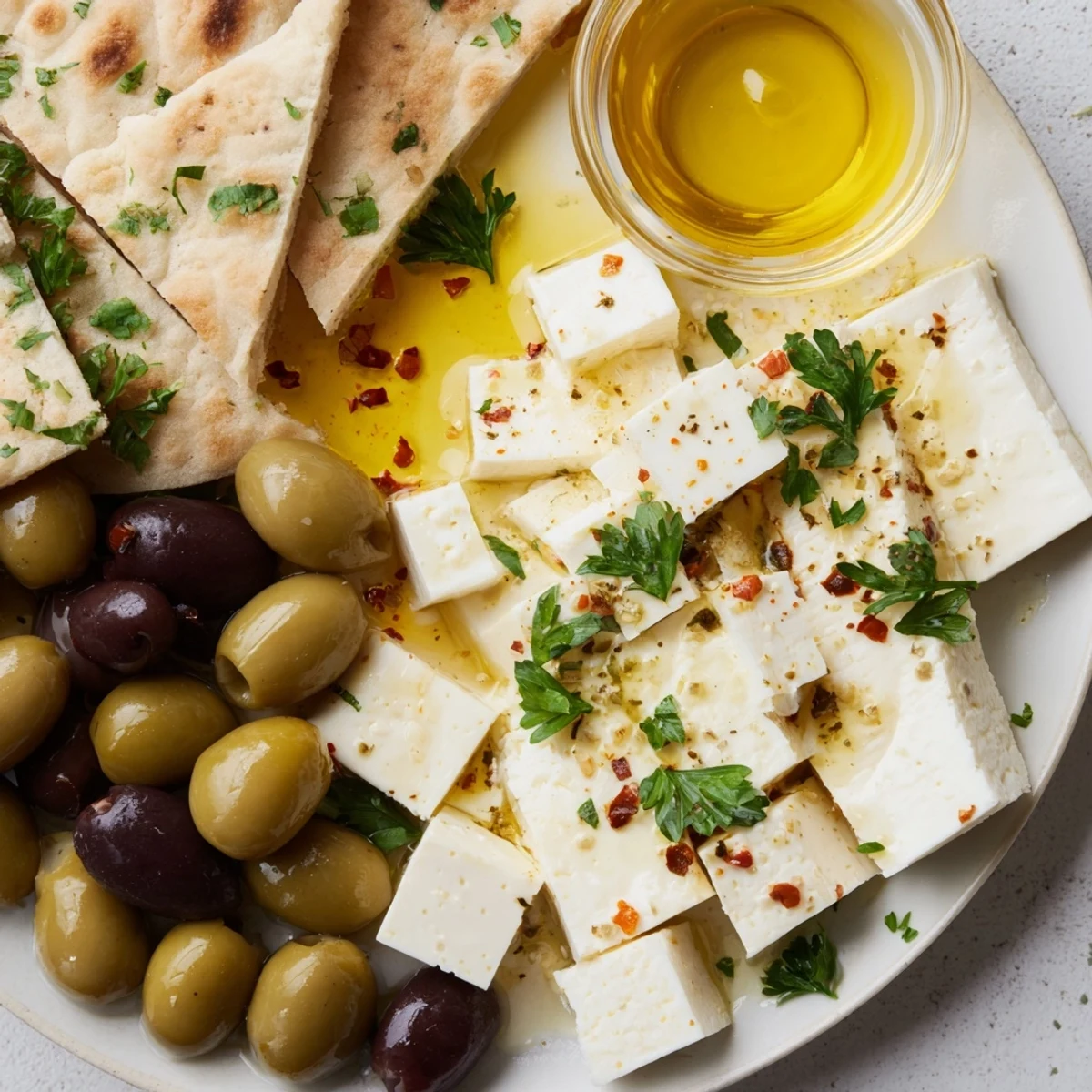 Turkish Olives & Cheese Board: A colorful appetizer with brined olives, feta, warm pita, and honey.