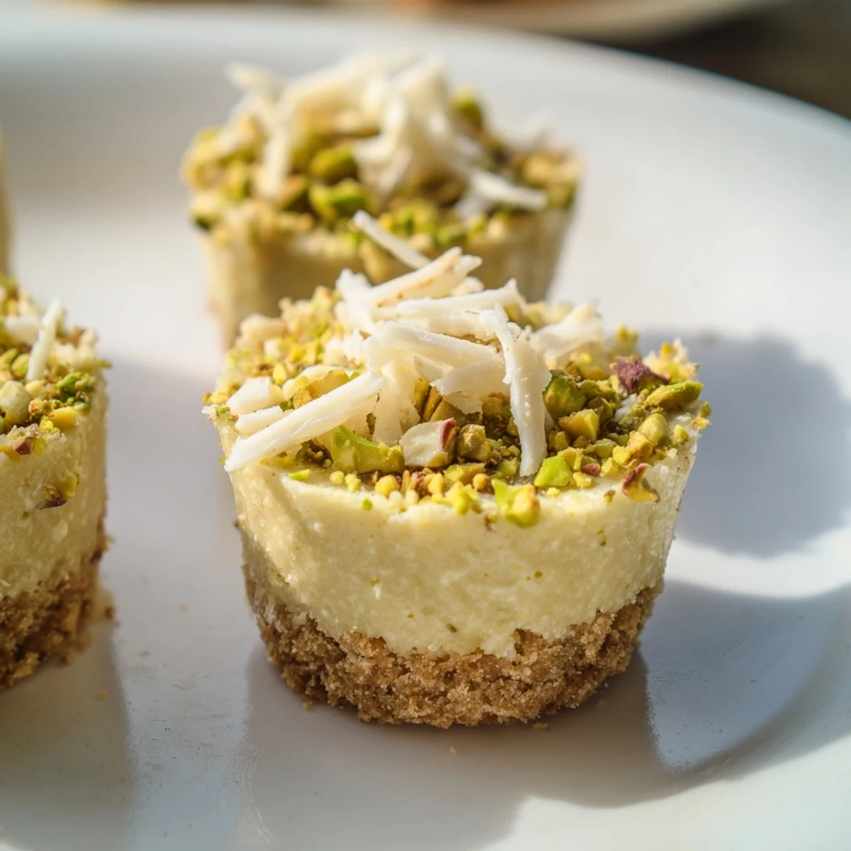 A tray of elegant Pistachio Cheesecake Bites, ready to enjoy with a creamy filling and pistachio crust.