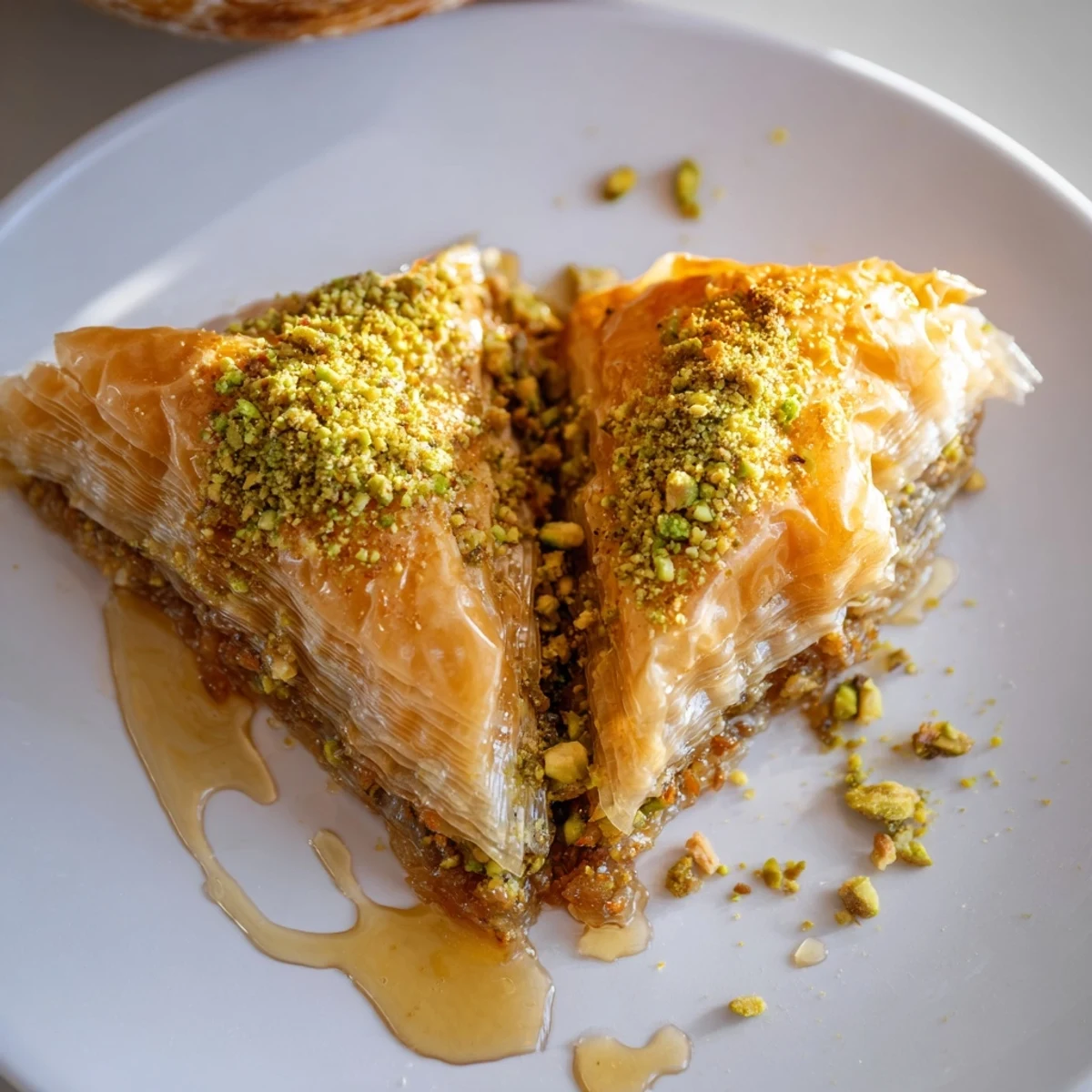 Golden, flaky layers of Turkish Hazelnut & Pistachio Baklava, drenched in sweet honey syrup.