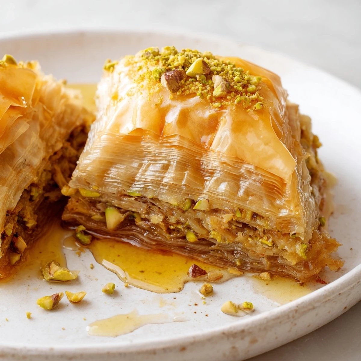 Close-up of freshly baked Turkish Hazelnut & Pistachio Baklava with a generous nutty filling, ready to serve.