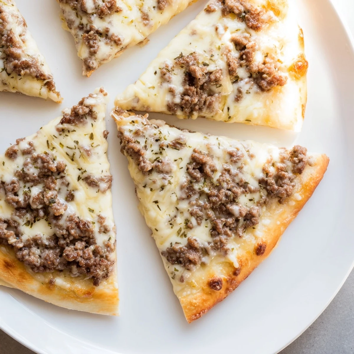 A close-up of Ground Beef Alfredo Pizza showing melted cheese and savory browned beef toppings.