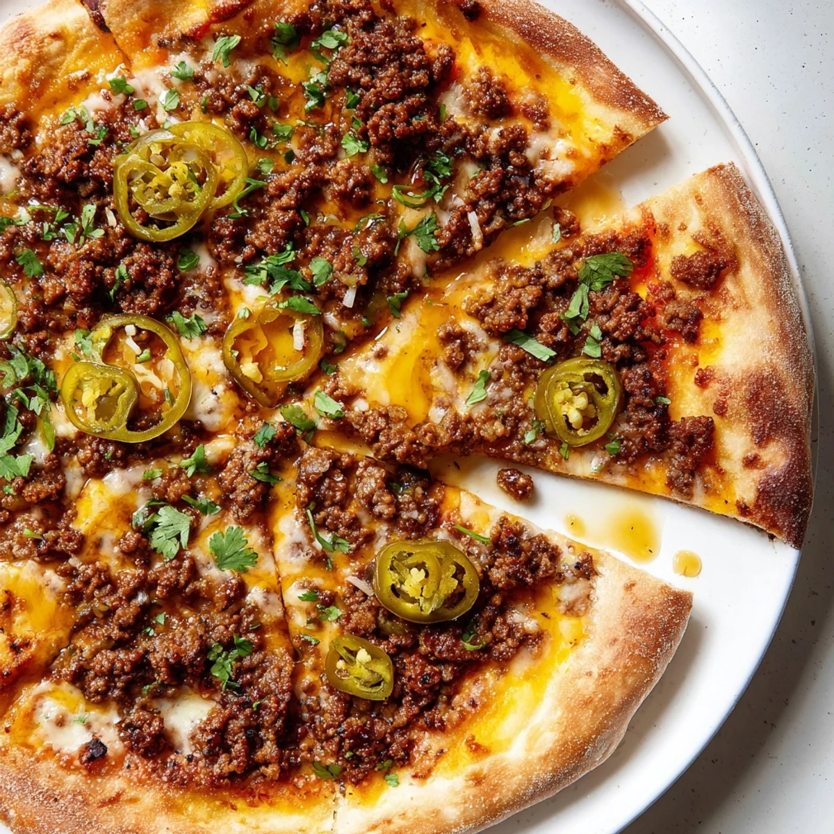 Spicy ground beef pizza with bubbling cheese, promising a savory and fiery flavor experience.