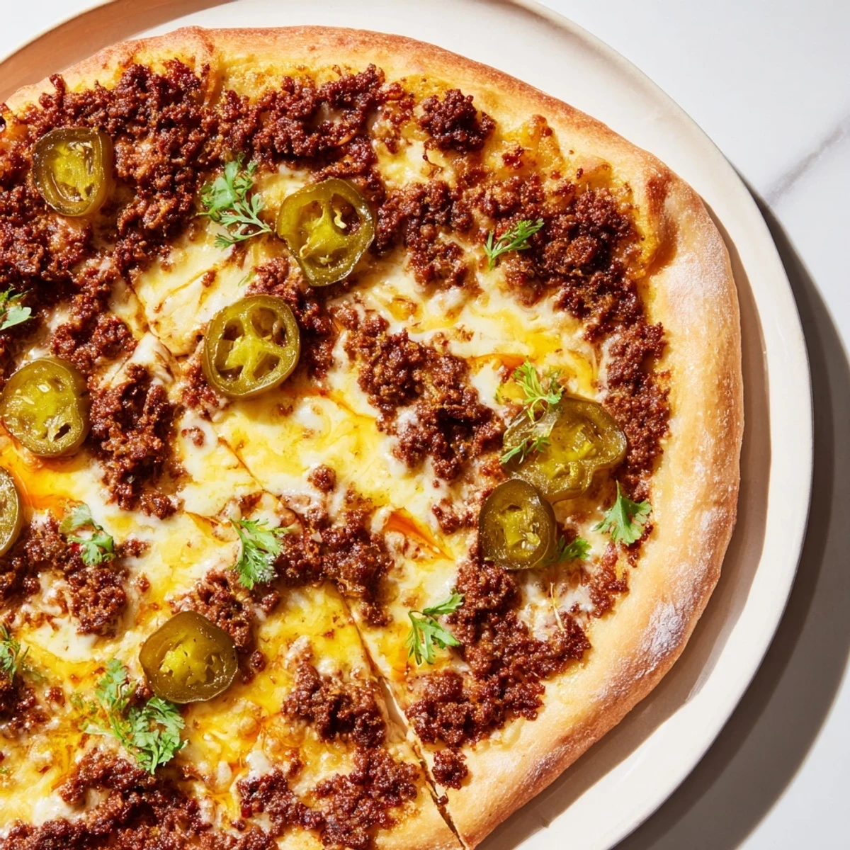 Close-up of a delicious, cheesy spicy ground beef pizza, imagining the aroma and amazing taste.