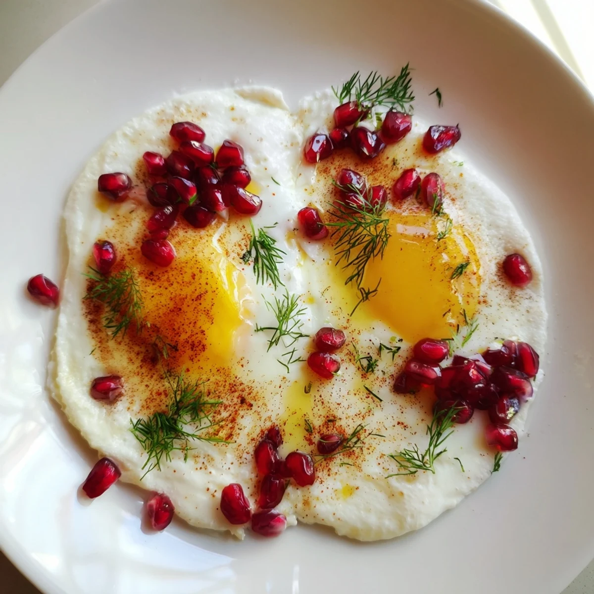 Çılbır with sumac and pomegranate, featuring vibrant poached eggs on garlicky yogurt, ready to eat.