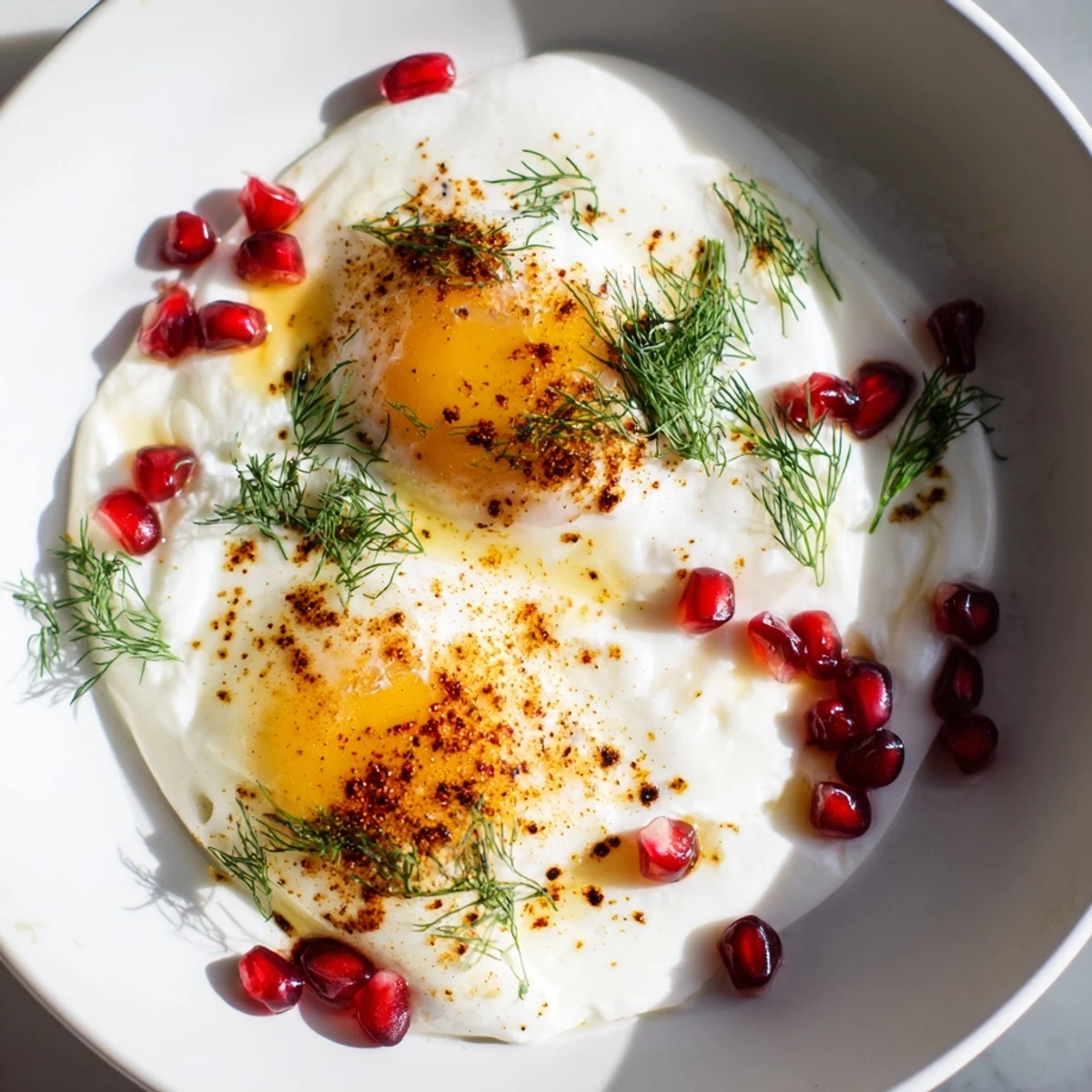 A close-up of delicious Çılbır shows rich yolk, sumac butter drizzle, and juicy pomegranate seeds.