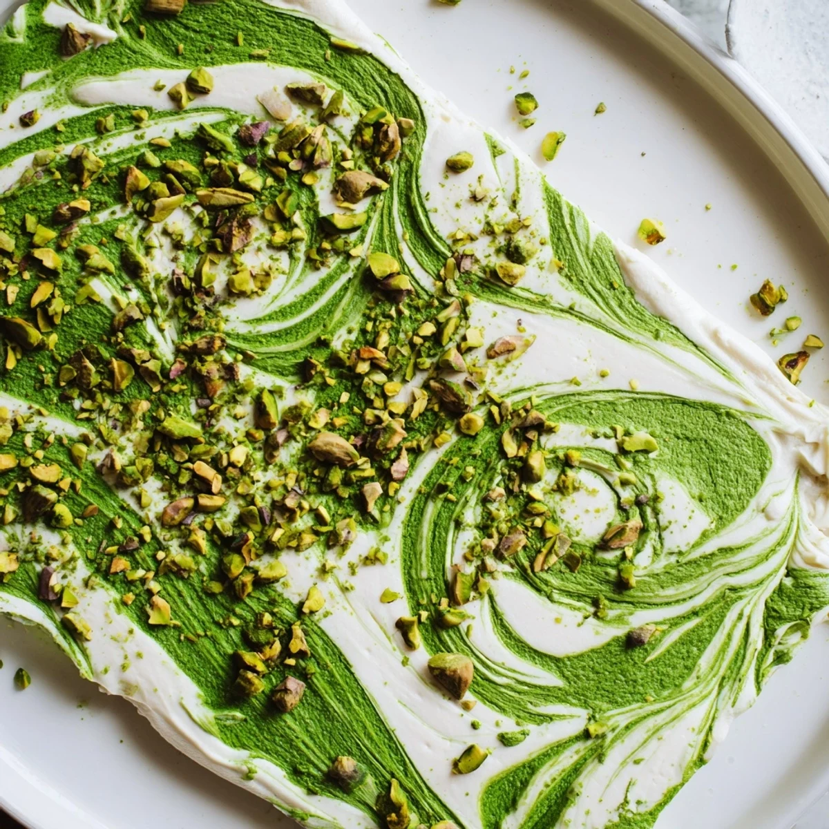 Close-up of freshly made Pistachio Matcha White Chocolate, showcasing the colorful swirls and crunchy nuts.