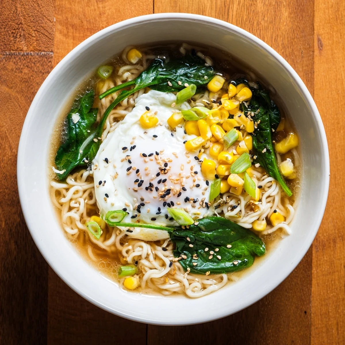A bowl of steaming Elevated Ramen Egg Drop Soup featuring silky egg ribbons, tender noodles, and fresh scallions.