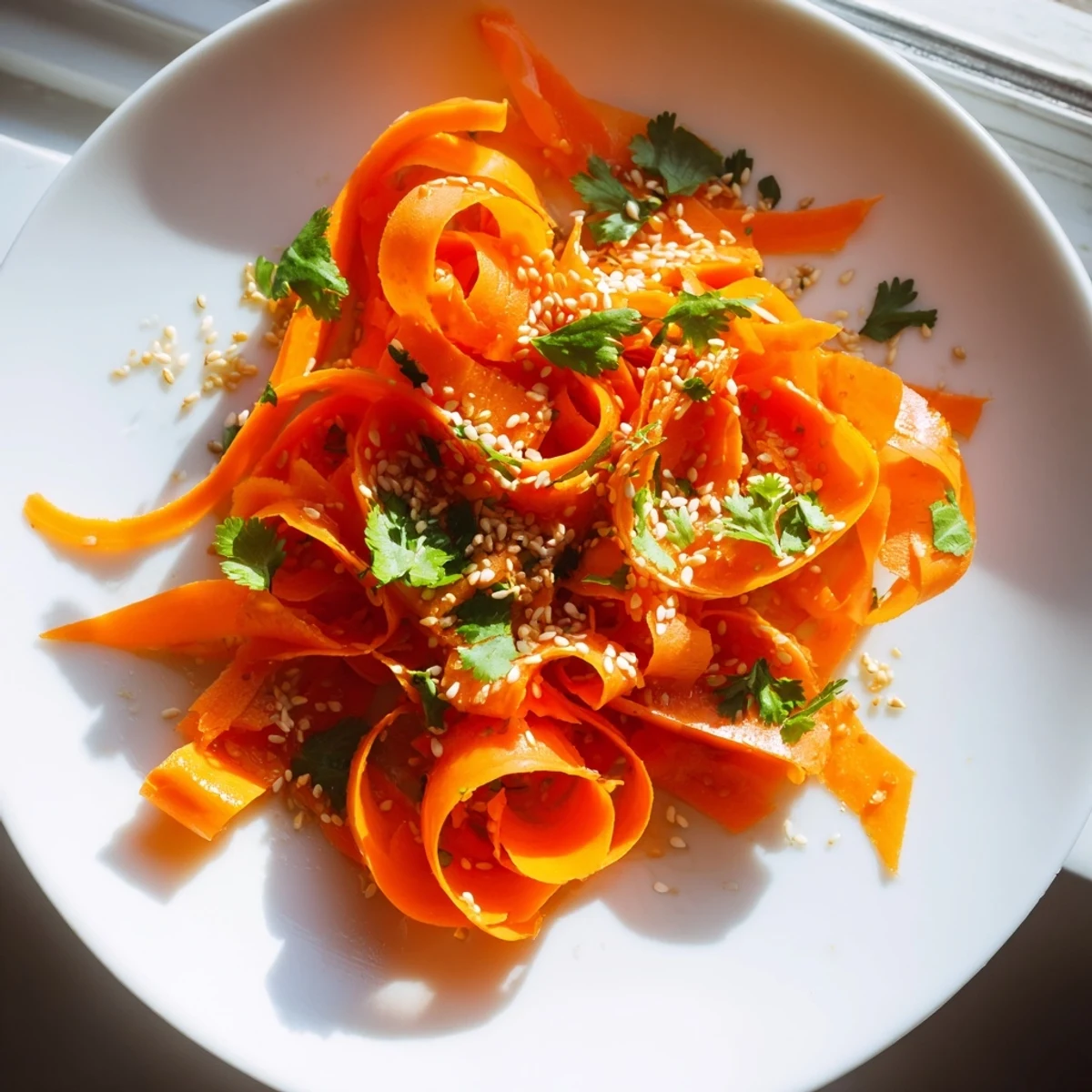 Freshly spiralized carrot ribbons are tossed in a savory soy-sesame dressing, finished with a sprinkle of toasted sesame seeds for crunch.  
