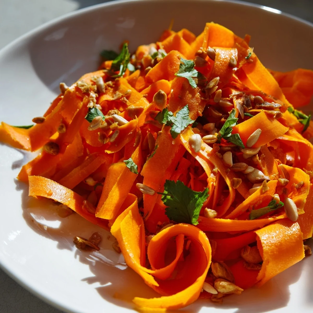 Bright orange carrot ribbons glisten with a tangy Asian-style dressing, highlighted by fresh green onions and sesame seeds.