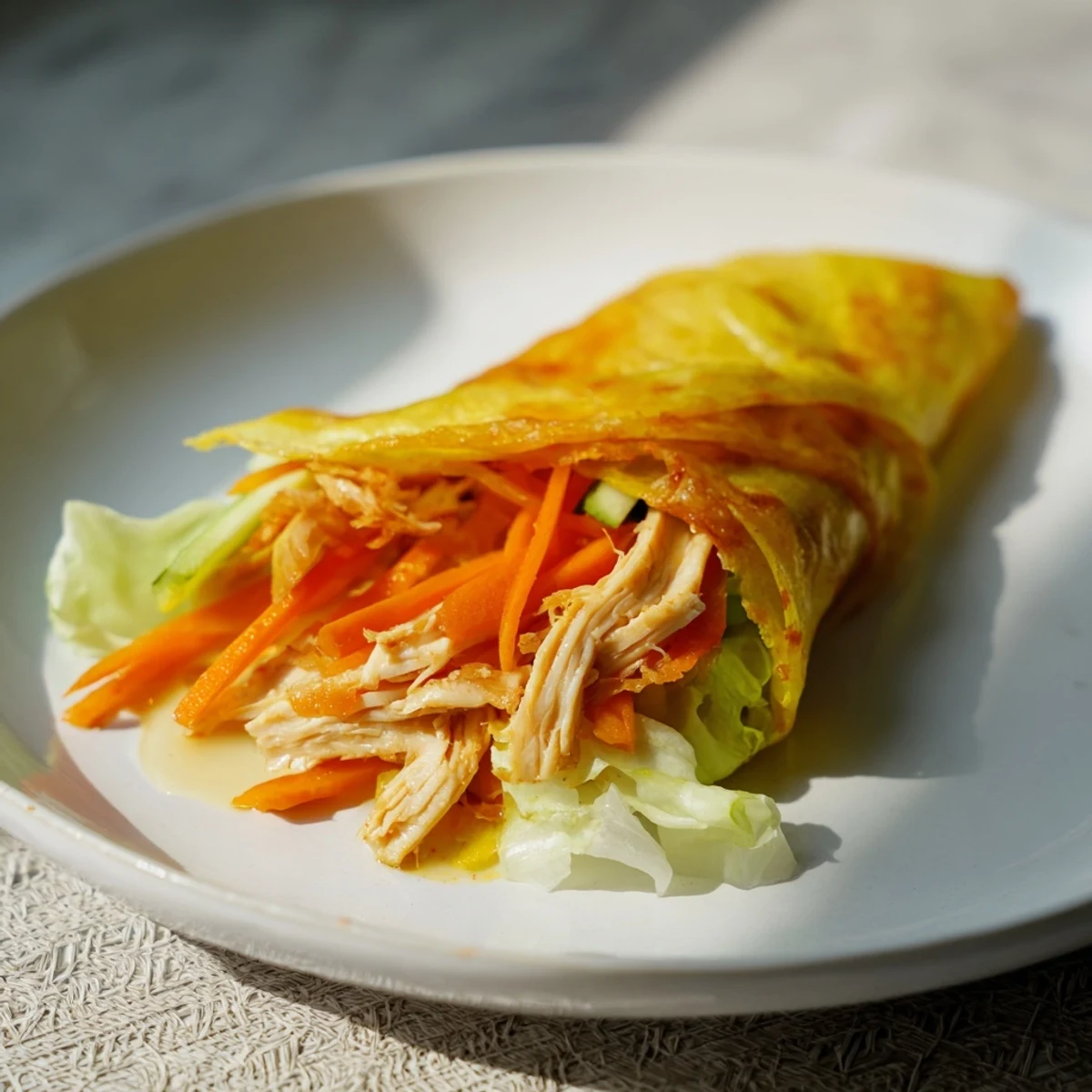Golden-brown Garlicky Pulled Chicken Wraps sizzling in a skillet, stuffed with tender shredded chicken, fresh lettuce, and crisp veggies.  