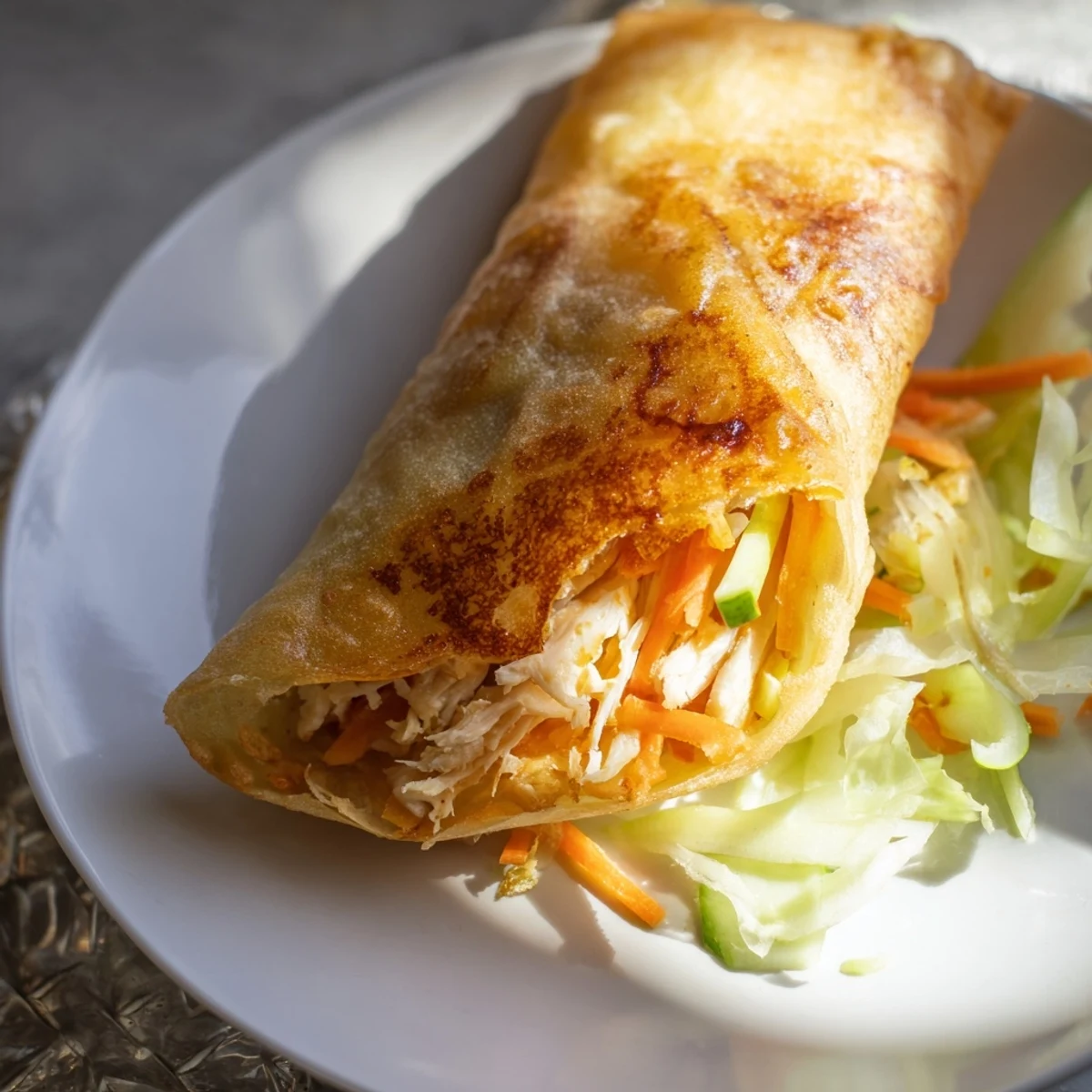 Close-up of a Garlicky Pulled Chicken Wrap bite, showcasing juicy shredded chicken, herbs, and golden crispy texture.
