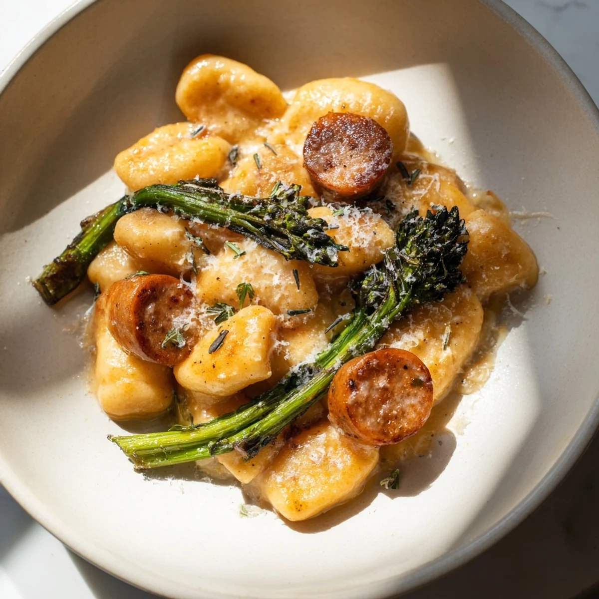 Golden-brown Sheet Pan Gnocchi Bake with savory sausage and crisp-tender broccolini, fresh from the oven.