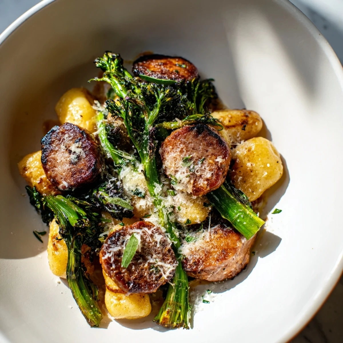 A close-up of Sheet Pan Gnocchi Bake showcasing golden gnocchi, sausage, and charred broccolini.
