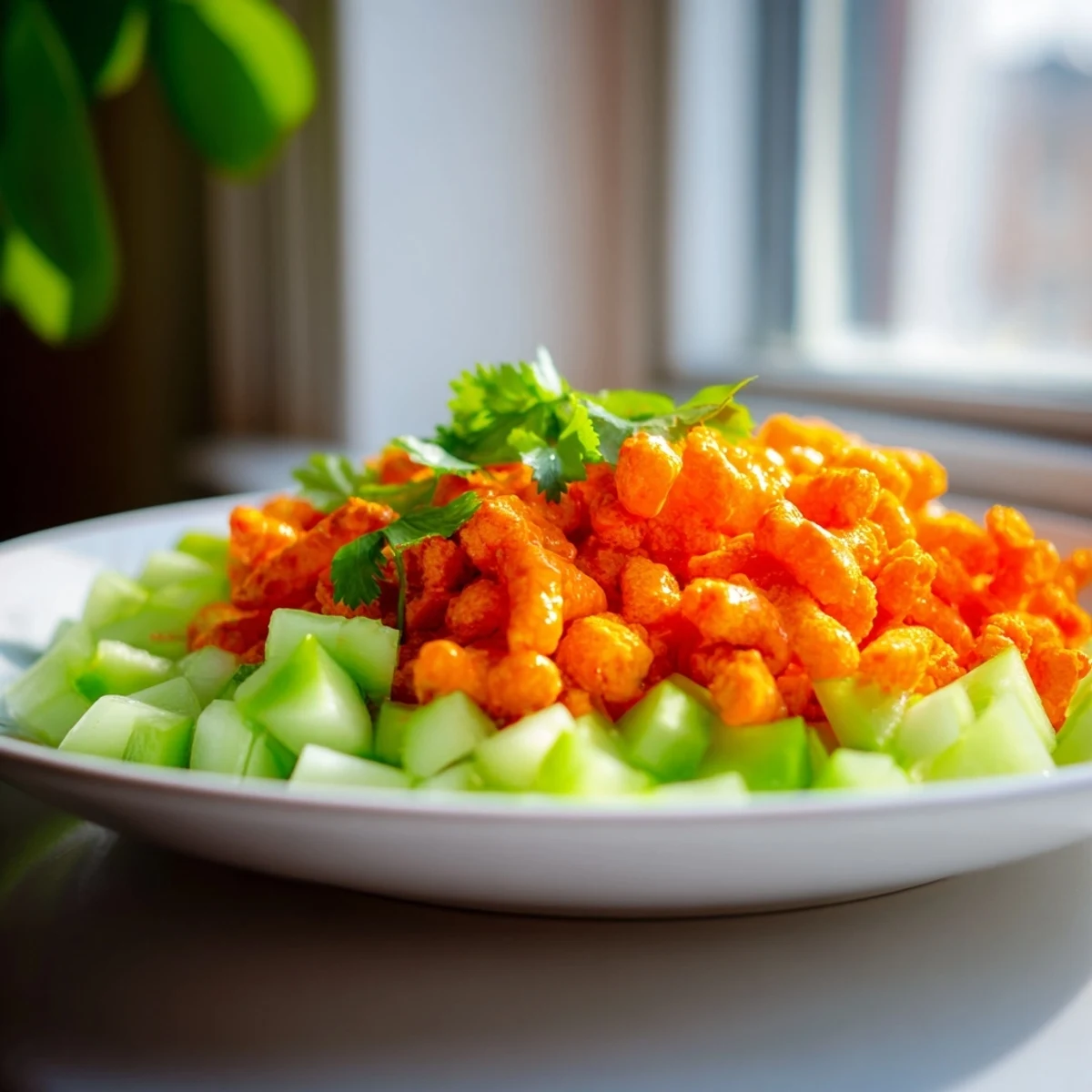 Bright red Flamin Hot Cheeto salad featuring diced cucumber, fresh cilantro, and a zesty lime dressing ready to serve.