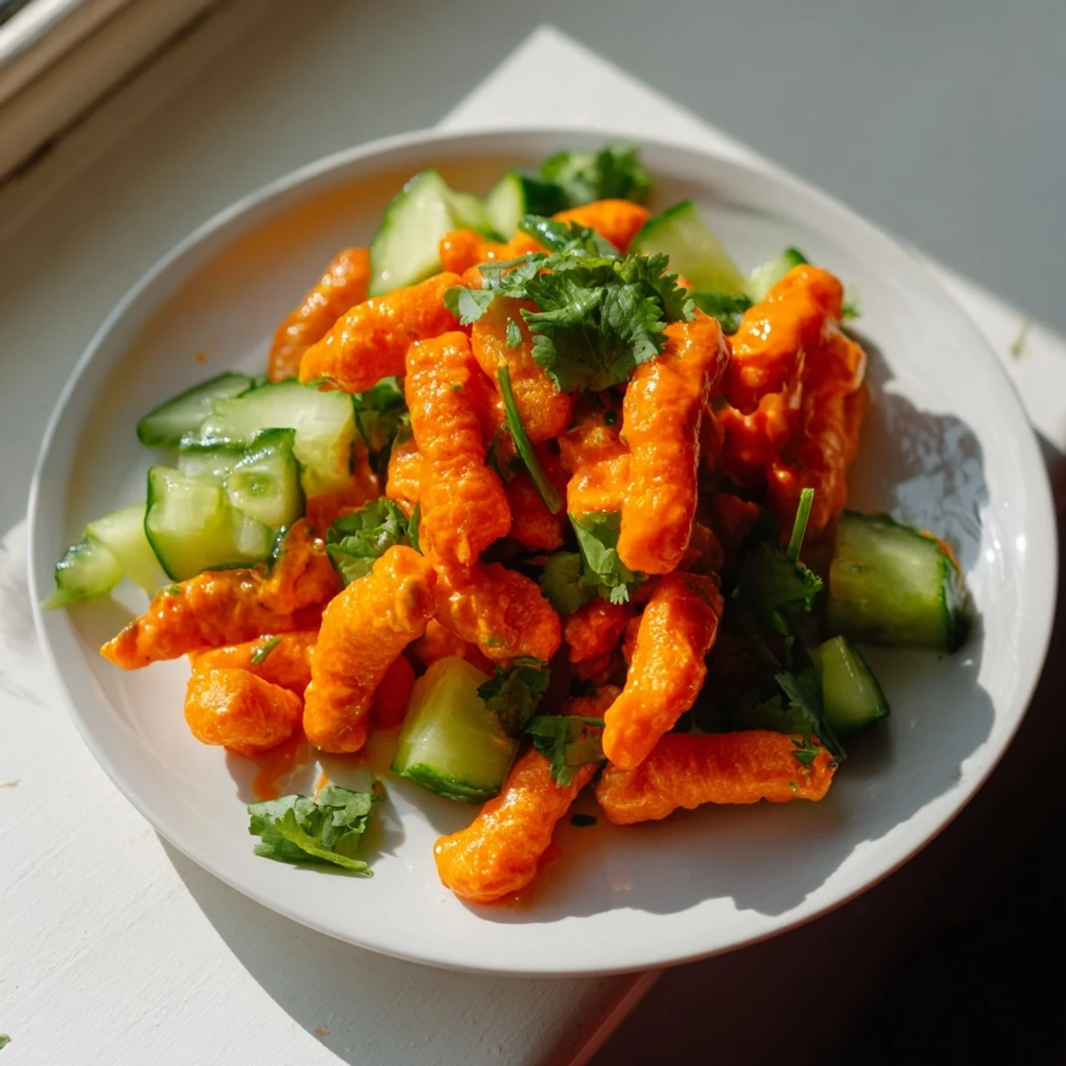 A vibrant bowl of Flamin Hot Cheeto salad with cucumbers and cilantro tossed in lime hot sauce dressing.