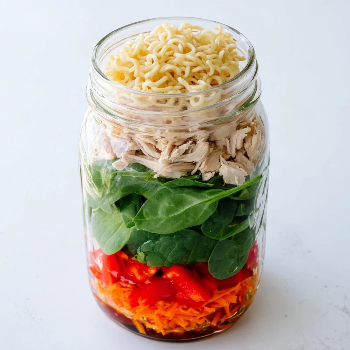 A single serving of Mason Jar Noodle Meal Prep features vibrant layers of vegetables, chicken, and noodles.