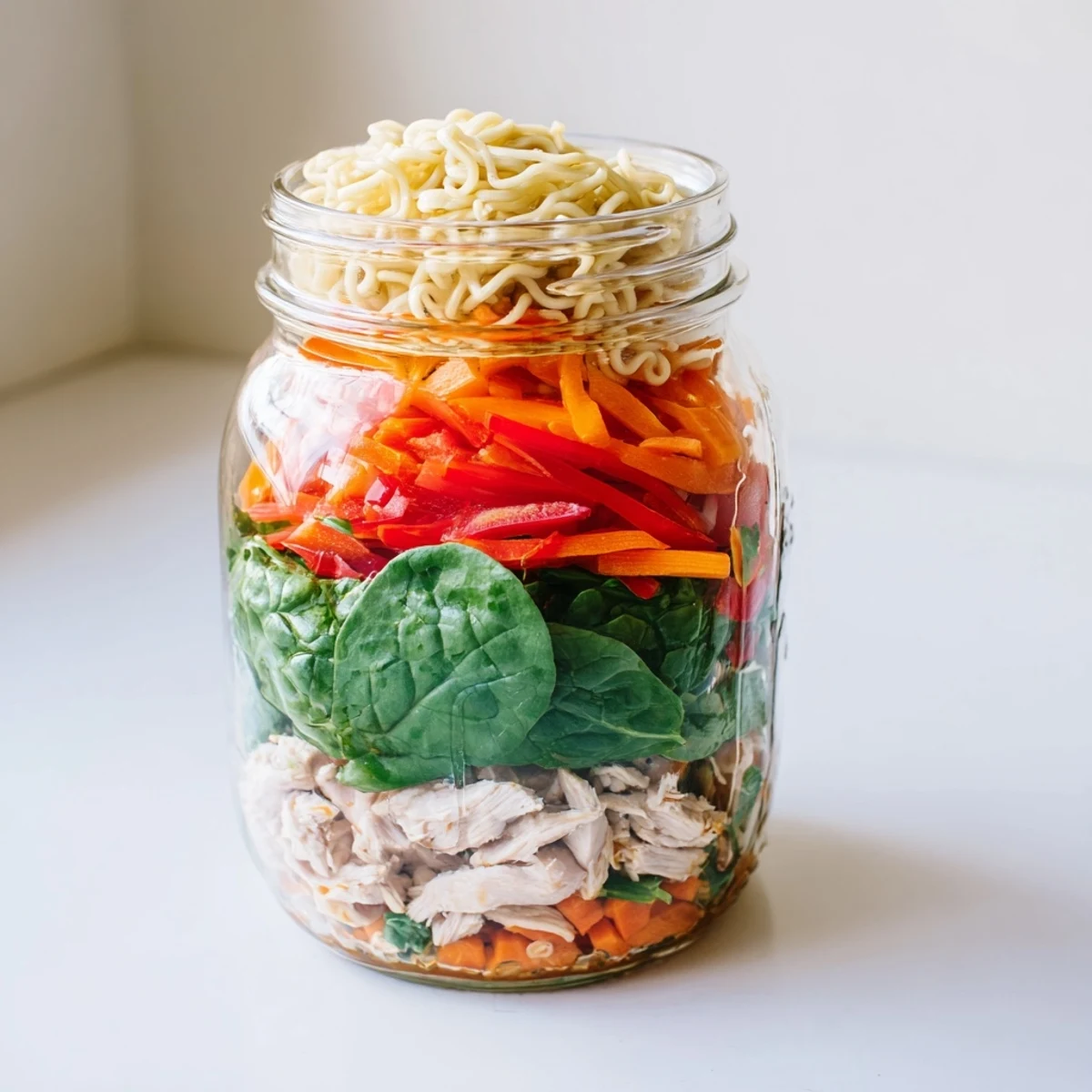 This overhead view shows a prepared Mason Jar Noodle Meal Prep ready for a quick, fresh lunch.
