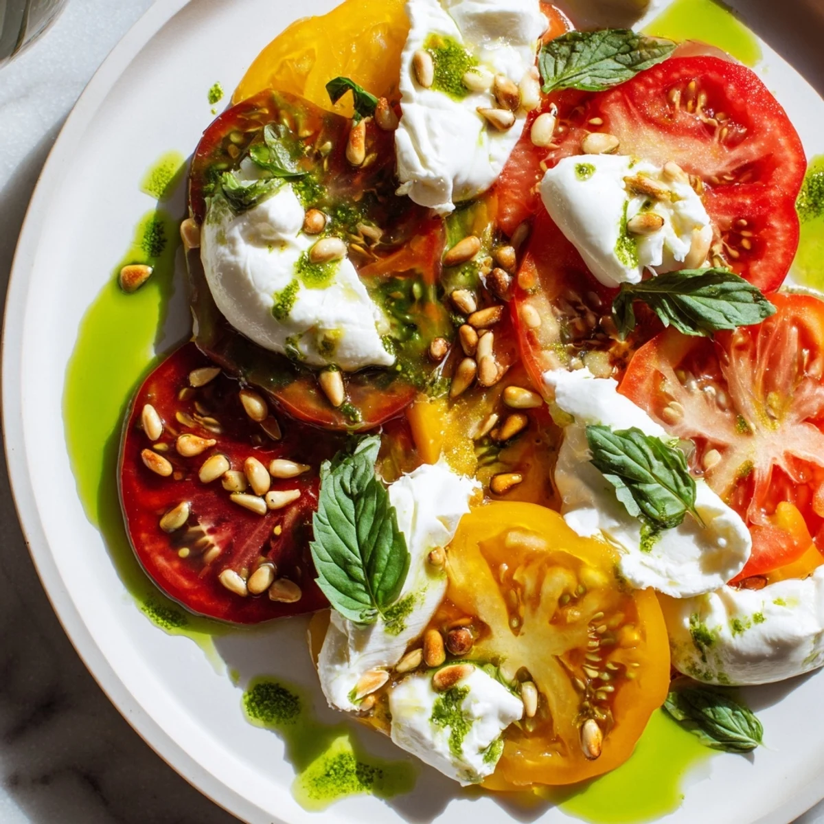Artfully arranged heirloom tomato salad board with burrata, pine nuts, and crusty bread on the side.