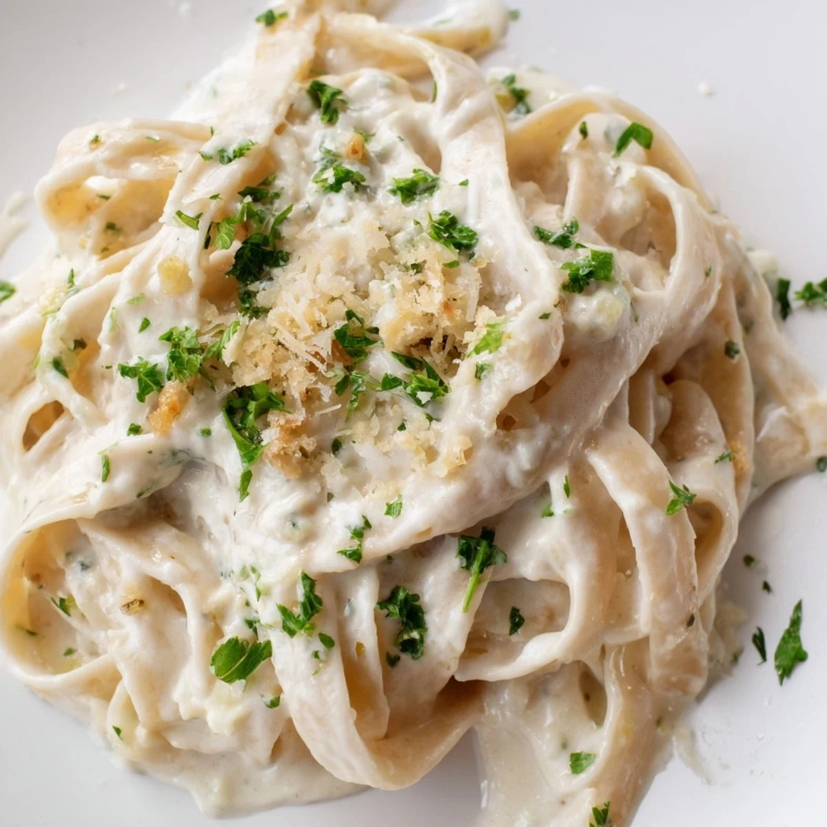 Golden roasted cauliflower florets blended into a creamy, nutmeg-scented Alfredo sauce over twirled fettuccine pasta.  