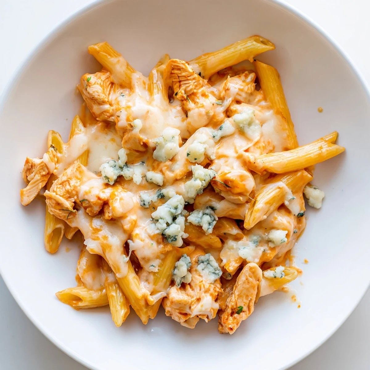 Creamy Buffalo Chicken Pasta with tender shredded chicken and penne tossed in spicy buffalo sauce, topped with blue cheese crumbles.
