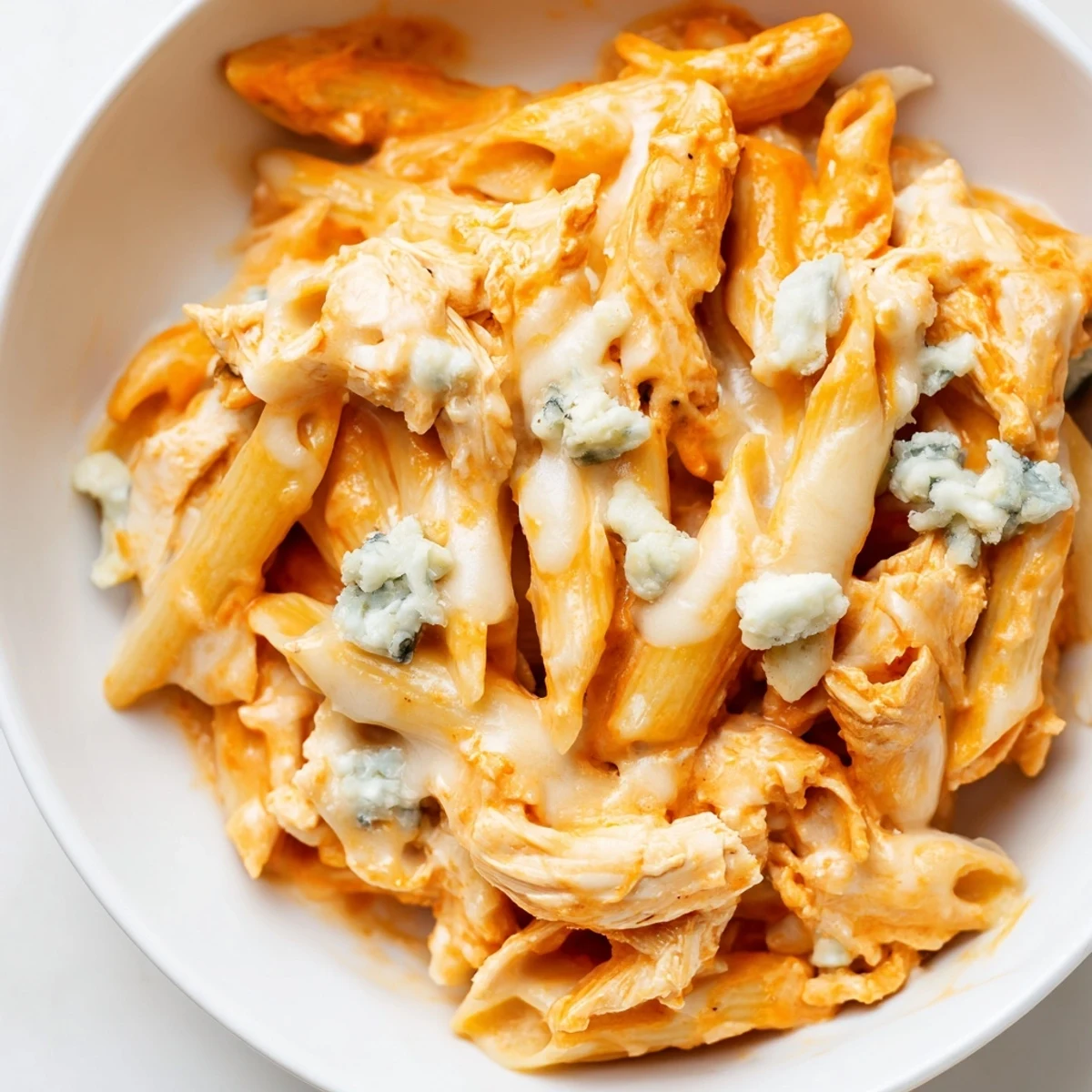 A hearty bowl of Buffalo Chicken Pasta with rotini, blue cheese, and a side of crisp celery salad for serving.