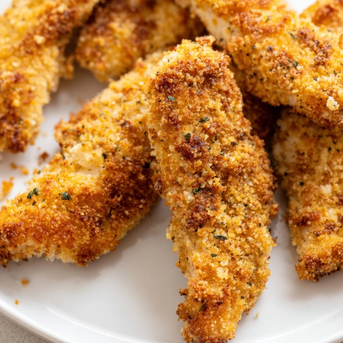 Crispy Panko Chicken Strips arranged on a baking sheet, golden brown with herbed breadcrumbs, fresh from the oven.  