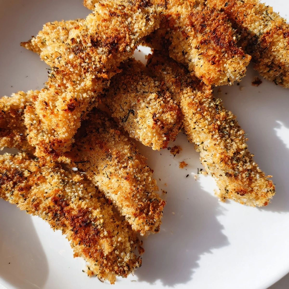 Perfectly baked Crispy Panko Chicken Strips served with honey mustard dipping sauce on a rustic plate.  