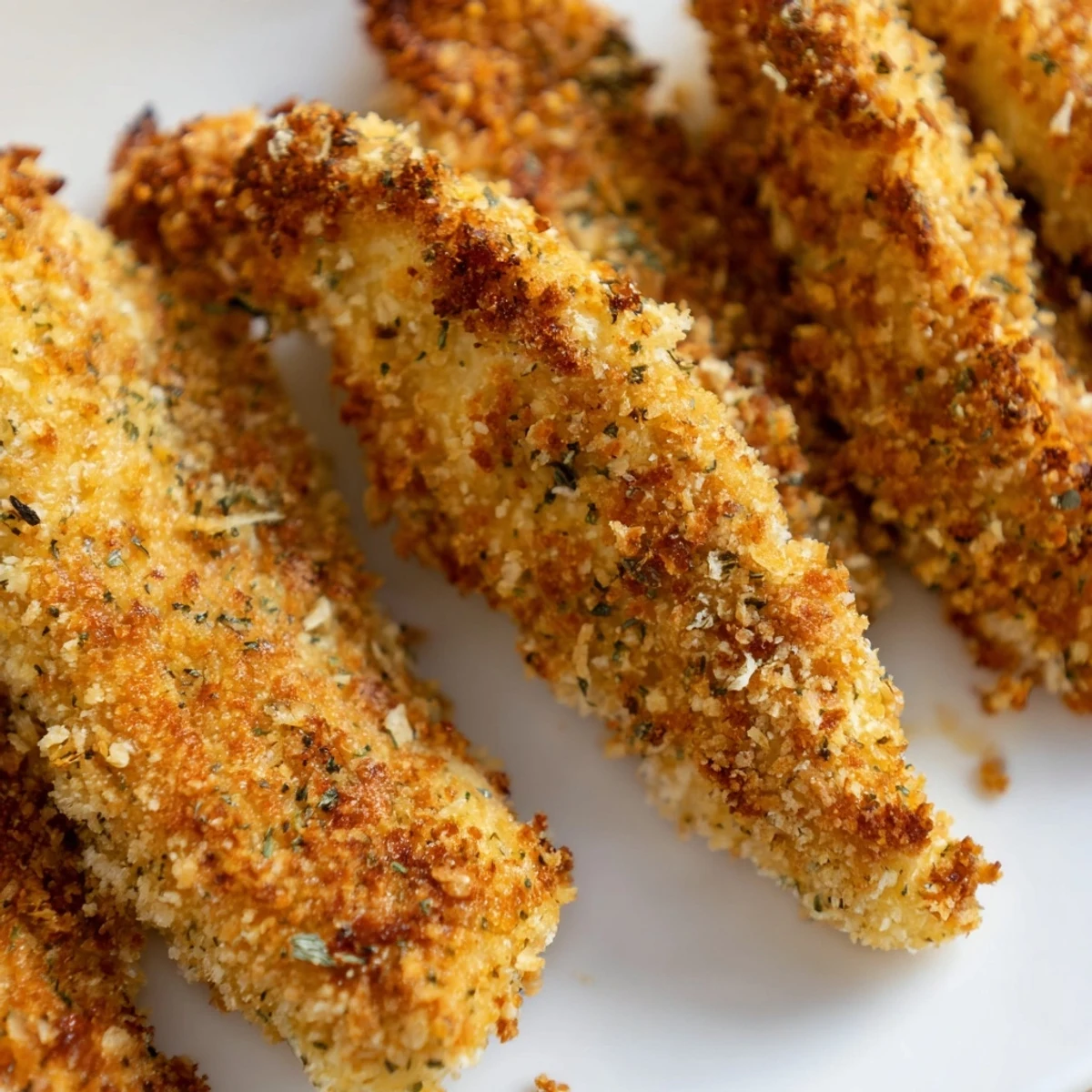 Golden Crispy Panko Chicken Strips cooling on a wire rack, highlighting the crunchy, herbed texture.